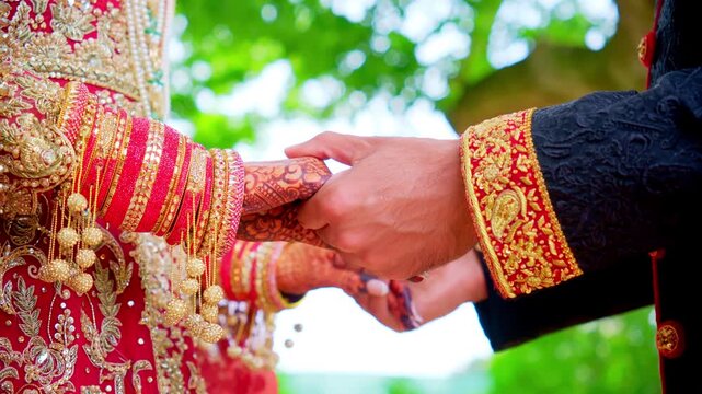 Bride and groom taking hands of each other. Traditional henna painted bridal hand. Red and black colors in the Indian embroidered clothes, Elements of Asian wedding. 