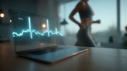 A laptop displays a heartbeat graph while a person jogs in the background, highlighting fitness technology and health monitoring.