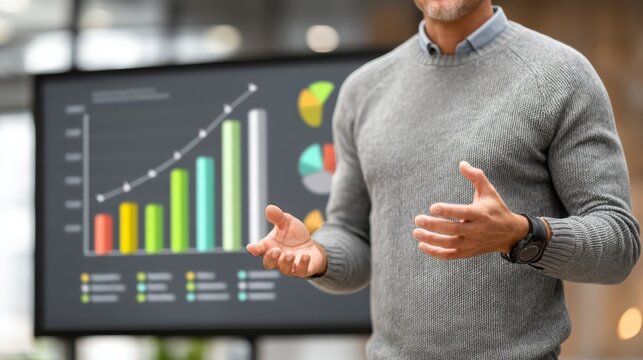 A man in a gray sweater gestures while presenting data on a screen with colorful graphs and charts in a modern office setting.