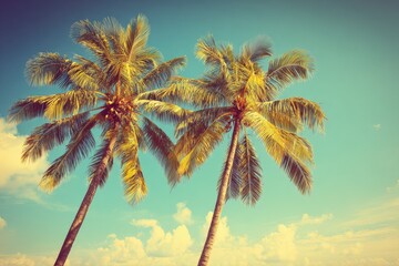 Fototapeta premium Two coconut palms against a vintage-toned, partly cloudy sky