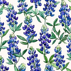 Beautiful seamless design featuring Texas bluebonnets in a flat watercolor style.