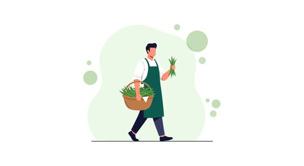 Green Grocer Carrying Fresh Produce and Basket with Vegetables, Farmer Concept Illustration