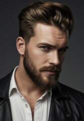 Obraz premium Stylish Man with Beard in Leather Jacket and White Shirt