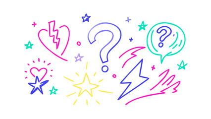 Fototapeta premium Neon doodle icons question mark heart lightning vector