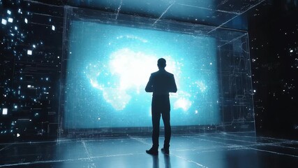 Confident businessman stands beside large digital data display showing modern analytical visuals
 - Powered by Adobe