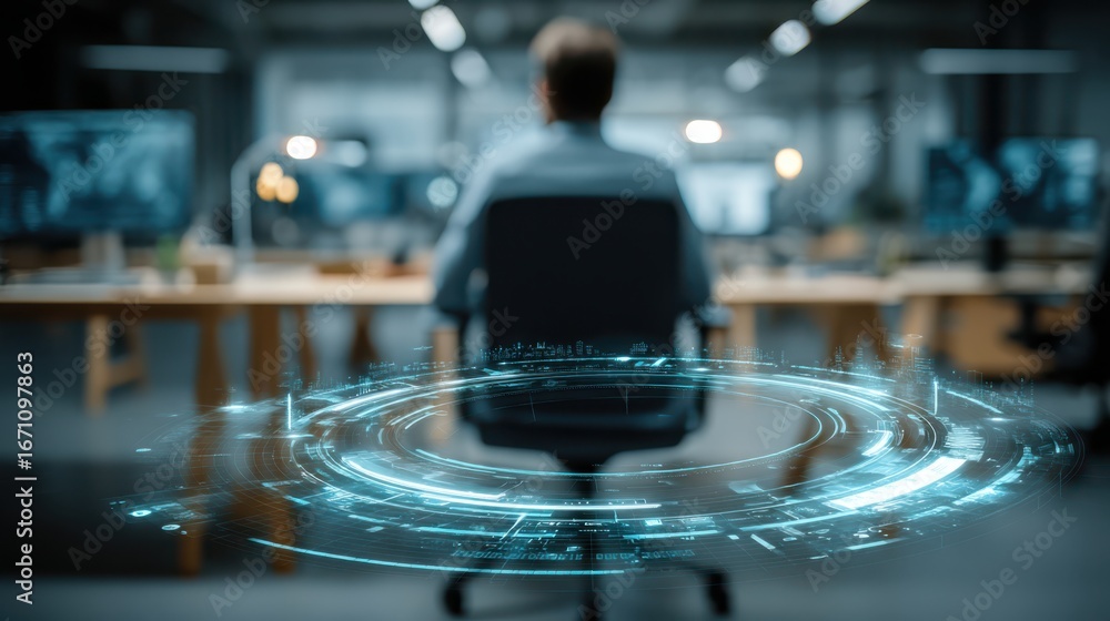 Poster a person sits at a desk, surrounded by monitors, with a holographic interface projected in front, su