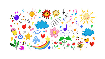 Playful doodle collection with suns clouds and flowers