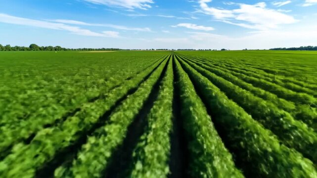 Aerial View of Vast Green Soybean Field under Blue Sky in Sunny Weather with Distinct Rows of Plants on Agricultural Land