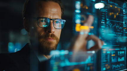 A focused man wearing glasses interacts with a transparent digital interface displaying data charts and analytics in a futuristic tech environment