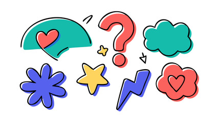 Playful doodle icons with hearts and stars clouds