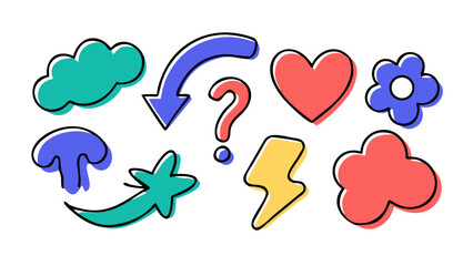 Playful doodle icons with vibrant colors shapes cloud
