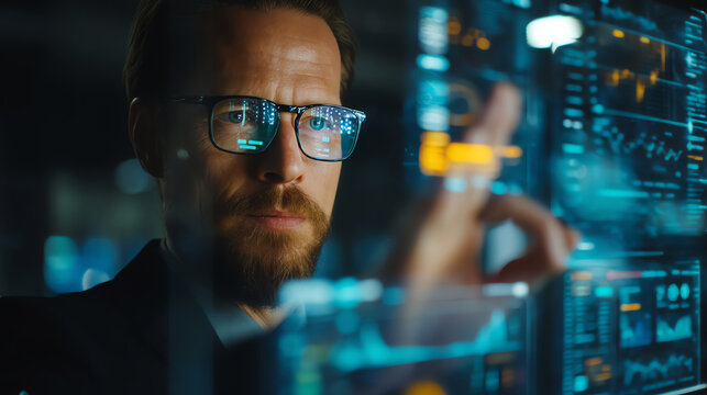 A focused man wearing glasses interacts with a transparent digital interface displaying data charts and analytics in a futuristic tech environment