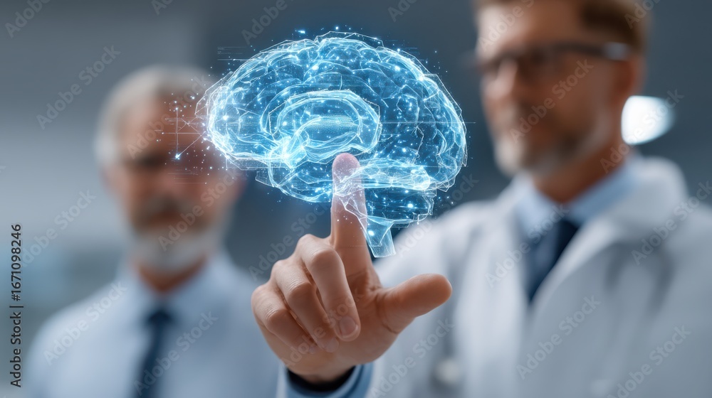 Poster a scientist interacts with a digital representation of a brain, showcasing advancements in neuroscie