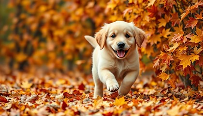 Golden retriever puppy romps through colorful autumn leaves, pure joyful energy,   autumn scene,  animal