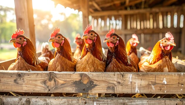 Chickens perched on wooden fence in sunlit barnyard looking curiously at camera, creating a warm and rustic farm atmosphere. - Powered by Adobe