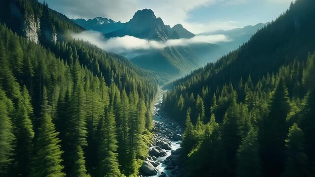 view from the top majestic mountain range, its peaks shrouded in a thin mist, is surrounded by dense forest