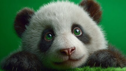 Obraz premium Adorable Panda: A close-up portrait of an endearing giant panda, showcasing its distinctive black and white fur, innocent gaze, and the serene green background.