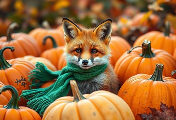 Playful fox in green scarf amidst autumn pumpkins,  wild,  vibrant