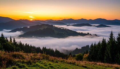 A breathtaking sunset over the mountains with clouds and trees
