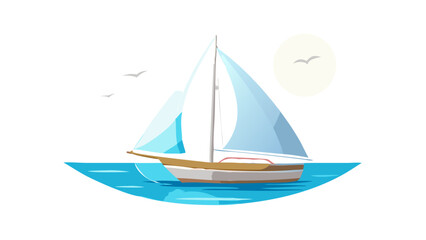 Sailboat on blue water with sun and birds sailing ocean
