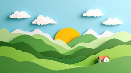 Obraz premium Charming Paper Craft Village Nestled Amongst Lush Green Rolling Hills Under a Bright Sunny Sky
