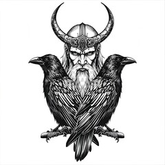 Detailed Tattoo Design of Odin with Ravens Huginn and Muninn on White Background
