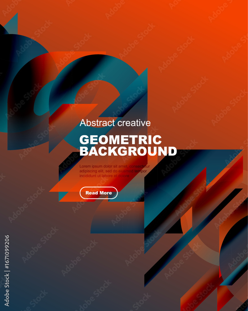 Poster vibrant abstract design features geometric shapes, gradients. text promotes creative background with