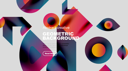 Abstract geometric shapes, vibrant colors, modern design. Text overlay presents Geometric Background with call to action button.