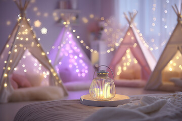 Cozy indoor scene with glowing lantern and soft teepees decorated with string lights, creating a warm and inviting atmosphere perfect for relaxation or a kids' sleepover