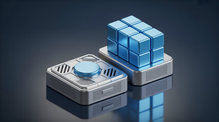 Futuristic metallic devices with blue cube and button technology