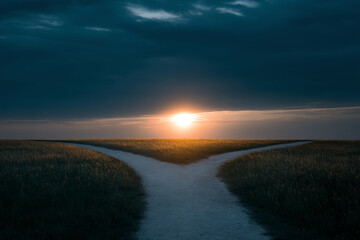 A forked dirt path through grassy fields under a dramatic cloudy sky, illuminated by a bright, low sun near the horizon at dusk or dawn