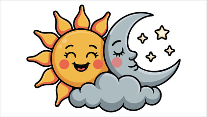 cute smiling sun and sleeping moon vector illustration on white background