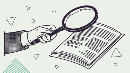 Hand holding magnifying glass over open book research investigation reading study knowledge discovery detail analysis inspection examination document text information learning education literature cl.