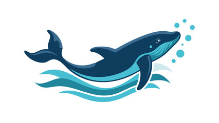 Stylized blue whale swimming through turquoise waves