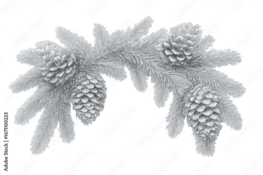 Poster winter pine branches with snow-covered cones creating elegant festive border, transparent background