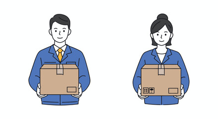 Obraz premium Two people, a man and a woman in work uniforms, holding cardboard boxes, symbolizing delivery and logistics in a simple vector illustration.