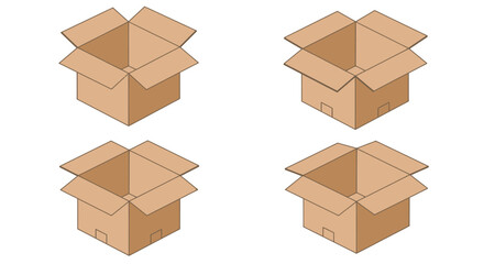 Fototapeta premium A clean isometric vector illustration showcasing a set of four open, empty cardboard boxes, perfect for depicting shipping, moving, or packaging concepts.