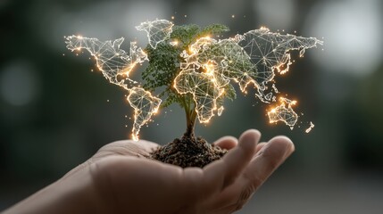 A hand holds a small tree with a glowing world map design, symbolizing the connection between nature and technology.
