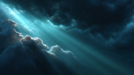 Obraz premium Celestial Rays through Clouds: A dramatic celestial view unveils dark, moody clouds, pierced by a radiant beam of ethereal light, creating a scene of hope and divine presence.