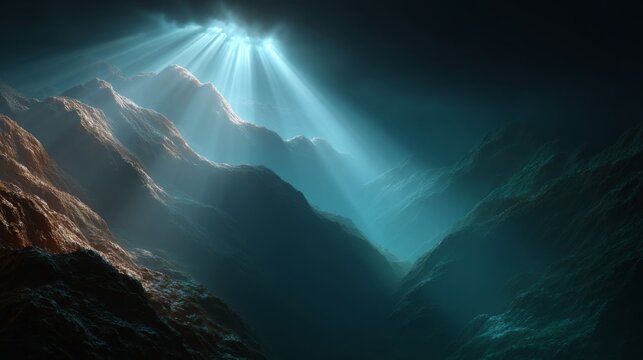 Sunlight Over Geological Wonders: A breathtaking display of light and shadow plays over a rugged mountain landscape, captured in a high-dynamic-range photograph that highlights the natural beauty.