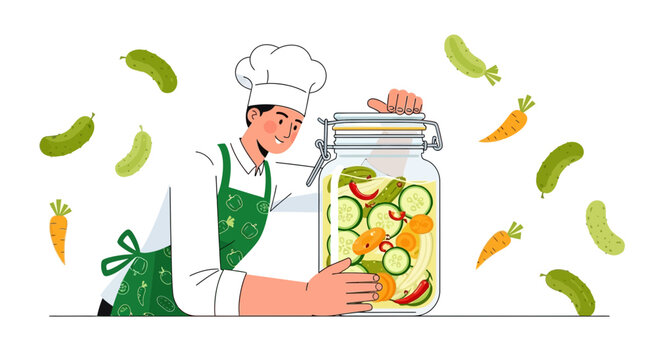 Chef Inspecting Jarred Pickles and Vegetables with a Delightful Culinary Composition - Powered by Adobe
