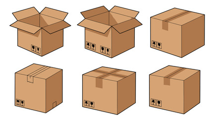 Fototapeta premium A vector illustration showcasing a collection of various cardboard boxes, perfect for packaging, shipping, and storage, presented on a clean white background, ready for your design needs.