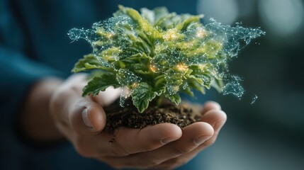 A person holds a small green plant with digital connections, symbolizing the fusion of nature and technology.