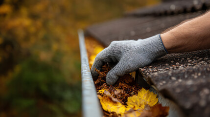 A gloved hand is clearing wet autumn leaves from a roof gutter, preventing clogging and maintaining proper water drainage during the fall season