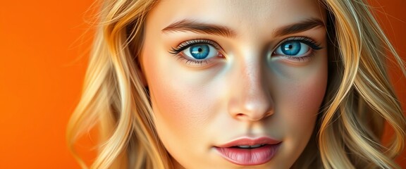 Fototapeta premium Close-up portrait, wavy blonde hair, blue eyes, orange backdrop, beauty, simplicity, captivating, shadow