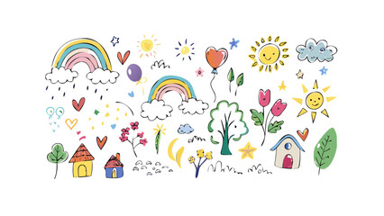 Fototapeta premium Whimsical doodle elements with nature and weather rainbow