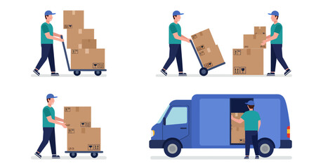 Delivery person with a hand truck and boxes, loading a van, illustrating logistics and shipping services with flat vector graphics and clear iconography.