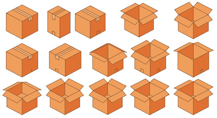 Fototapeta premium Isometric vector illustration showcases a collection of brown cardboard boxes in various states of closure, perfect for representing shipping, storage, and packaging solutions.