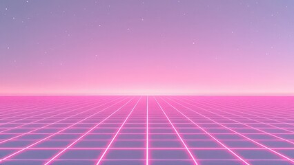 Retro Futuristic Neon Grid Landscape With A Pink Purple Sky And Distant Stars