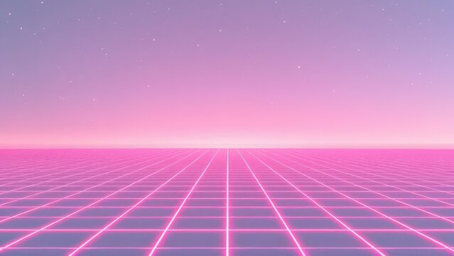 Retro Futuristic Neon Grid Landscape With A Pink Purple Sky And Distant Stars